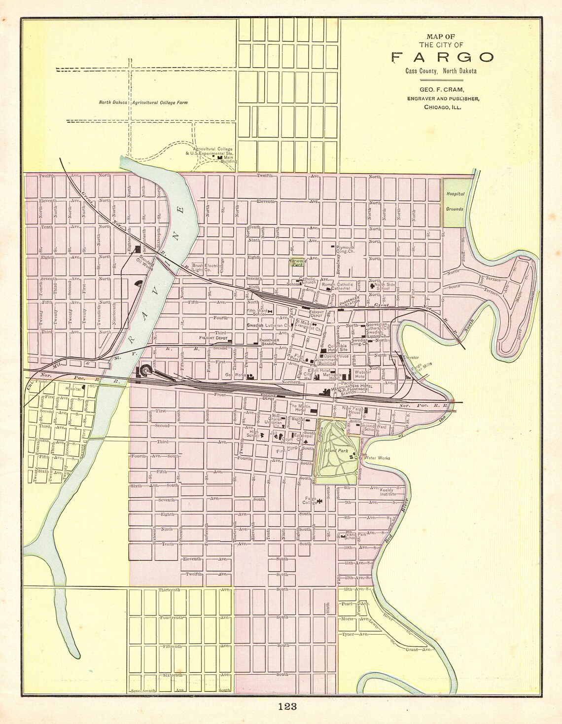 An 1898 engraved map of the city of Fargo, North Dakota, showing the Red River, the railroad and the street grid